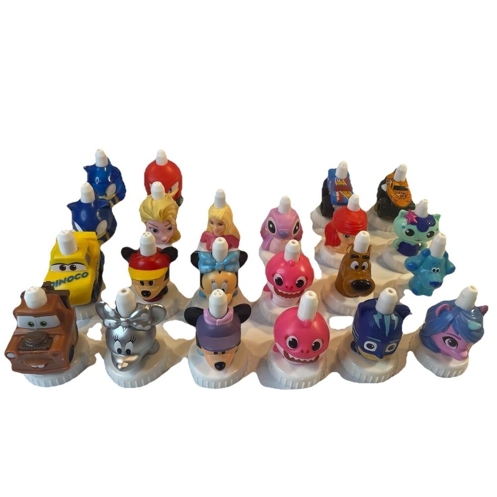 Good 2 Grow Juice Toppers Lot of 22 Disney Princess Mickey Baby Shark Sonic Cars